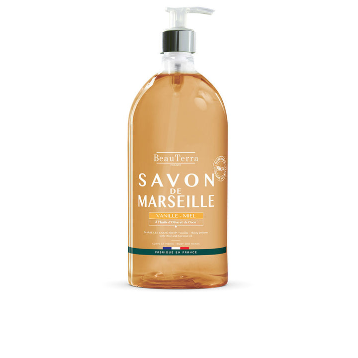 1 litre pump bottle of vanilla and honey Marseille liquid soap in recycled packaging