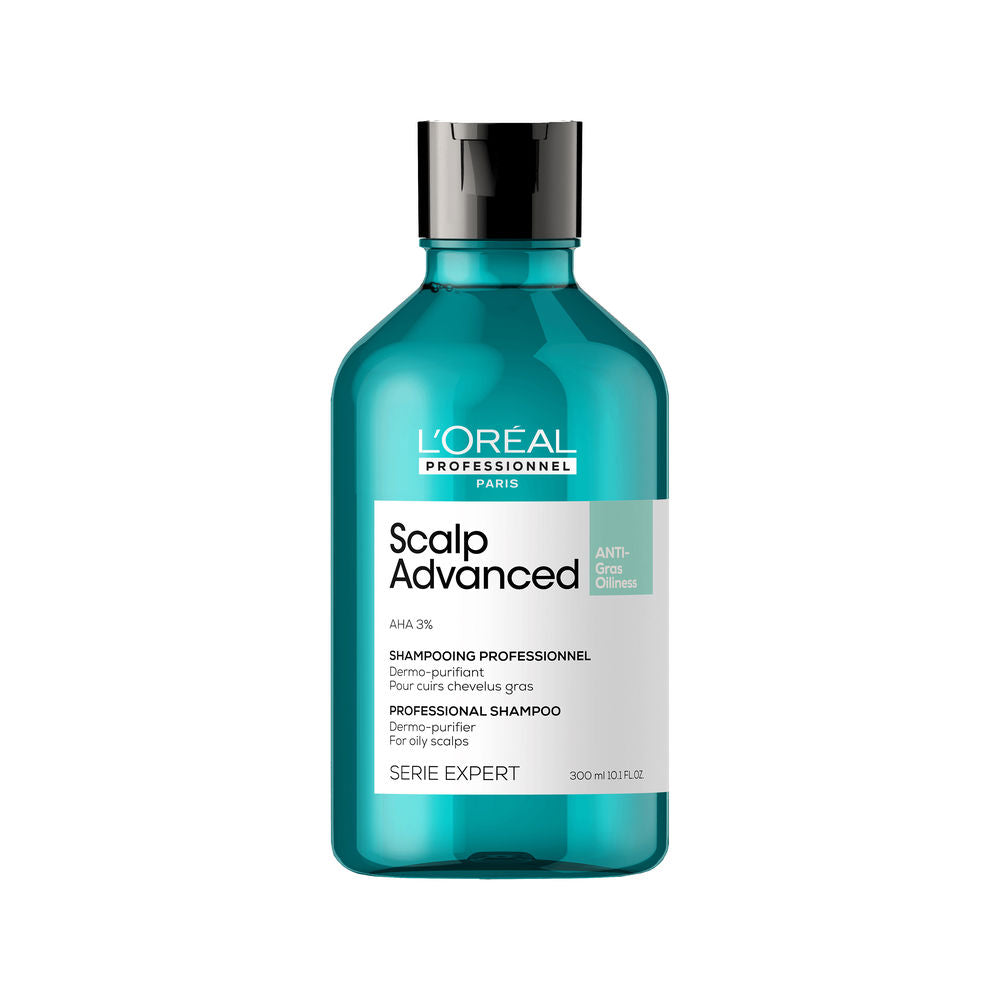 300 ml clear bottle of AHA clarifying scalp shampoo, silicone‑free, refill option