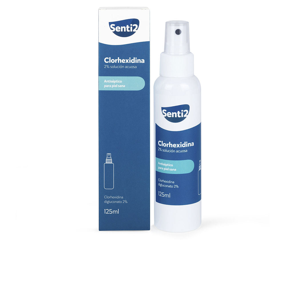 Senti2 Blue and white antiseptic spray bottle with nozzle beside cardboard box, minimalist modern design