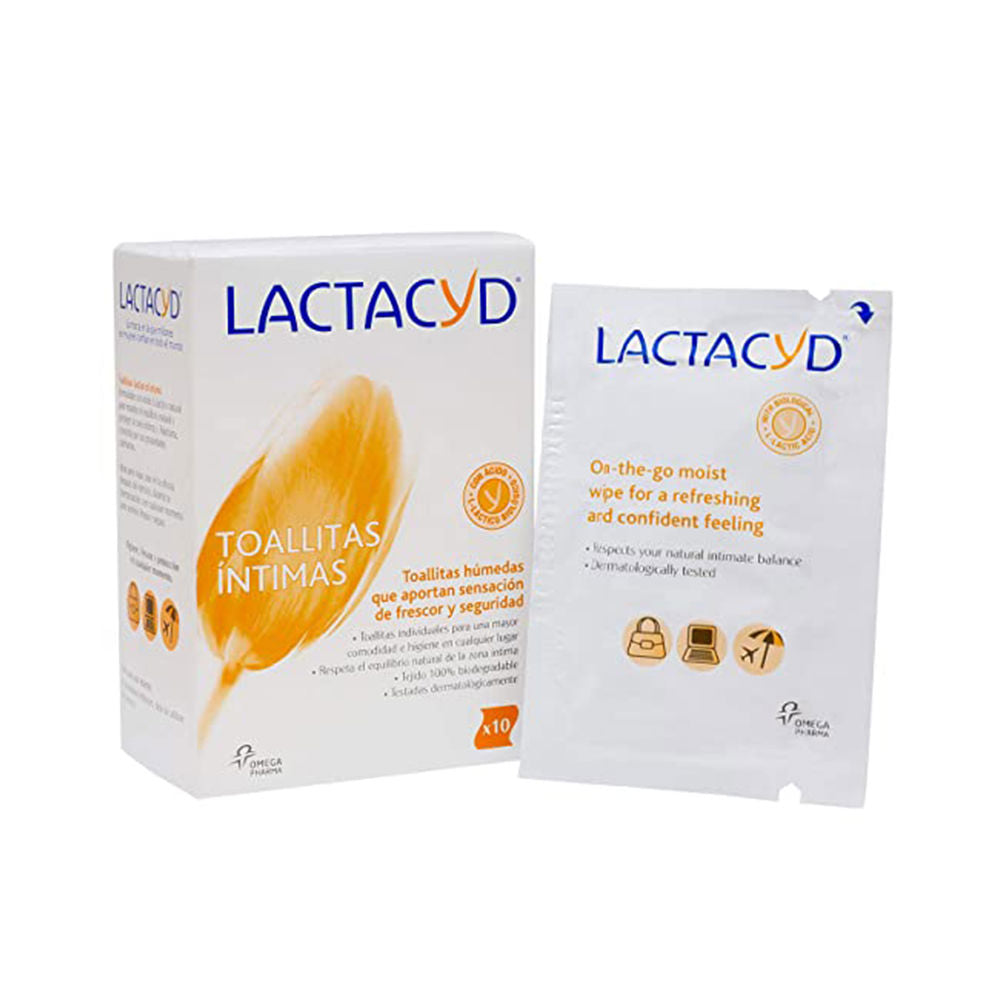 Pack of single-use lactic acid intimate wipes in biodegradable sachets, 10 units