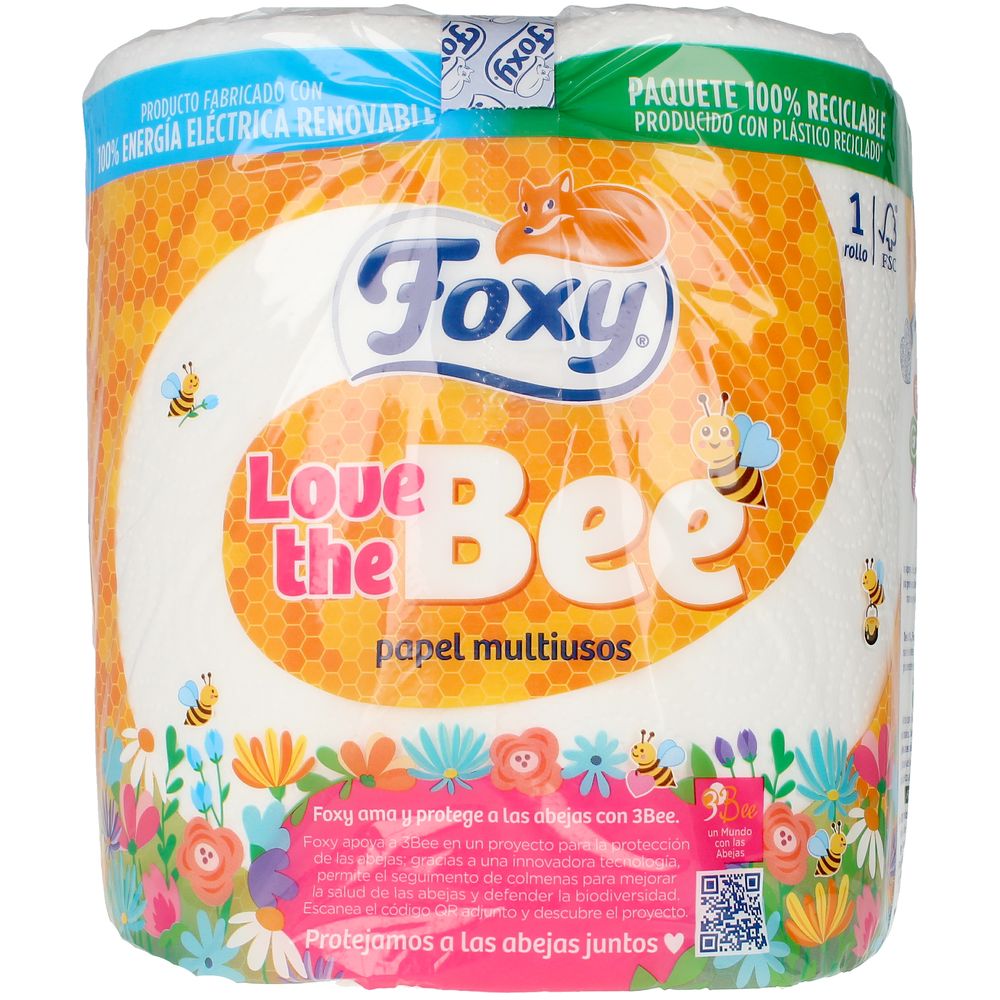 Jumbo roll of FOXY LOVE THE BEE brown kitchen towels with bee conservation branding