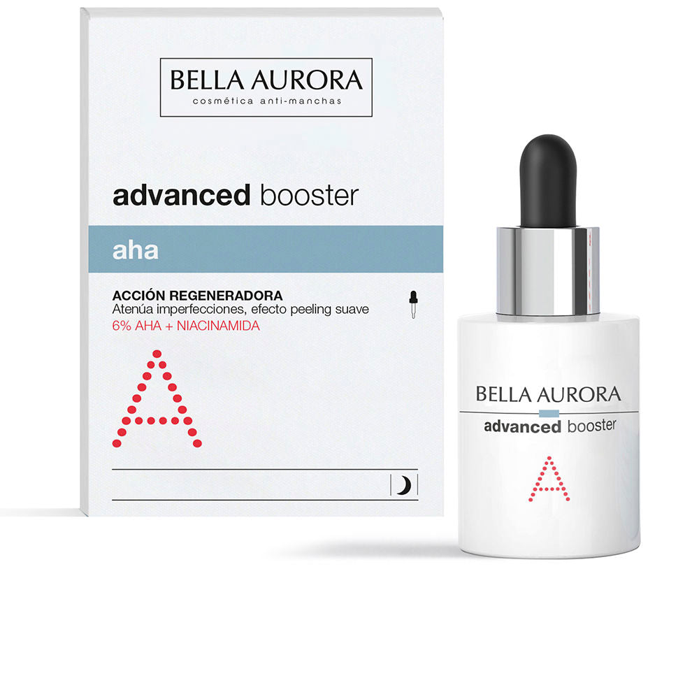 30 ml glass bottle of AHA exfoliating booster serum with dropper, pale liquid