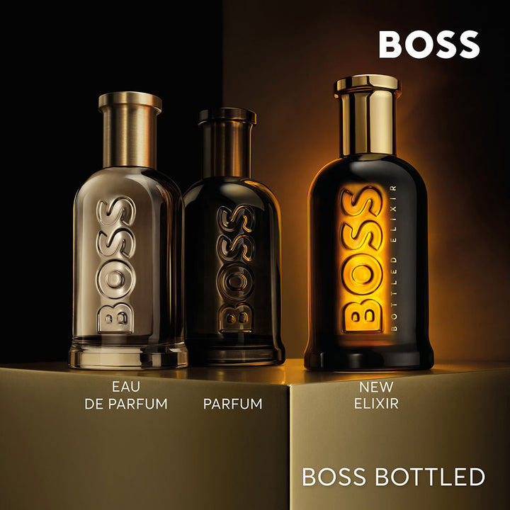 Glossy black glass parfum bottle with brushed gold cap, 100 ml vial