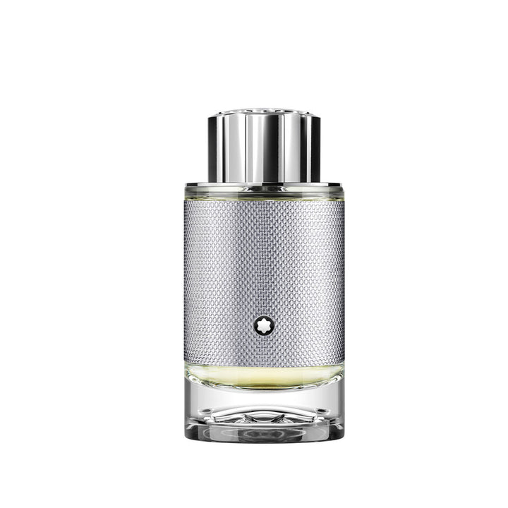 100 ml amber-woody eau de parfum bottle with textured silver sleeve
