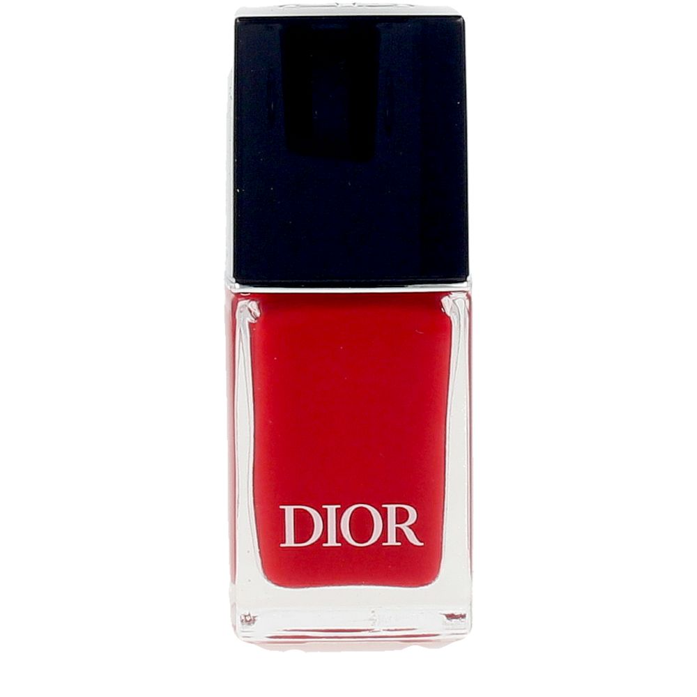 Small 10 ml bottle of vivid red nail polish with flat rounded brush, high-gloss finish