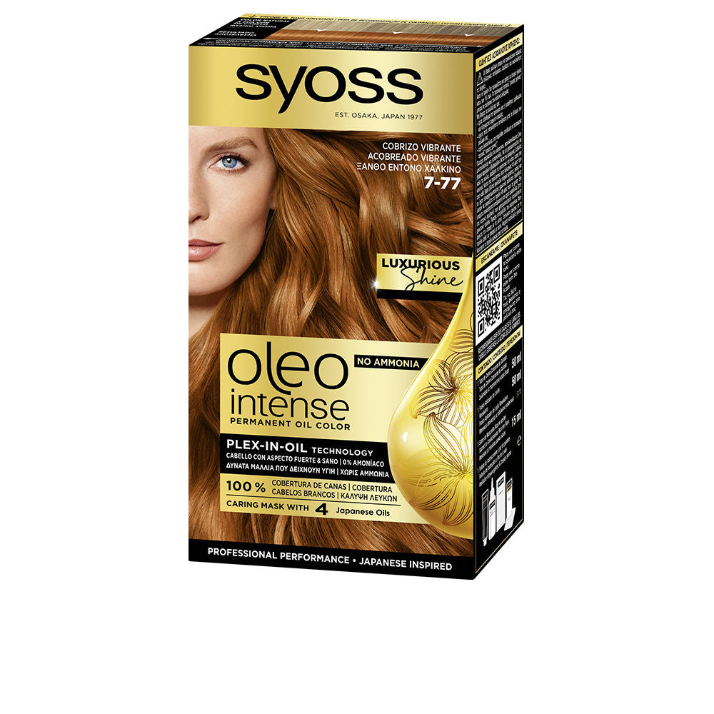 Copper oil-infused permanent hair colour tube and applicator, 7-77 shade