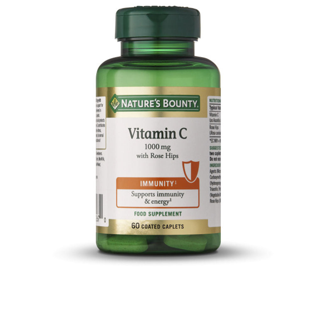 Bottle of 60 coated Vitamin C 1000 mg tablets with rosehip, white label