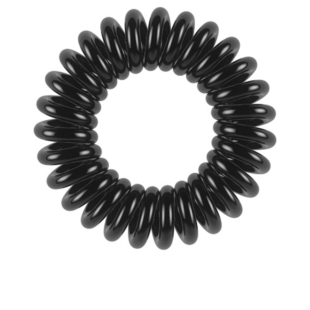 Three true black spiral hair ties in recyclable pack, smooth waterproof finish