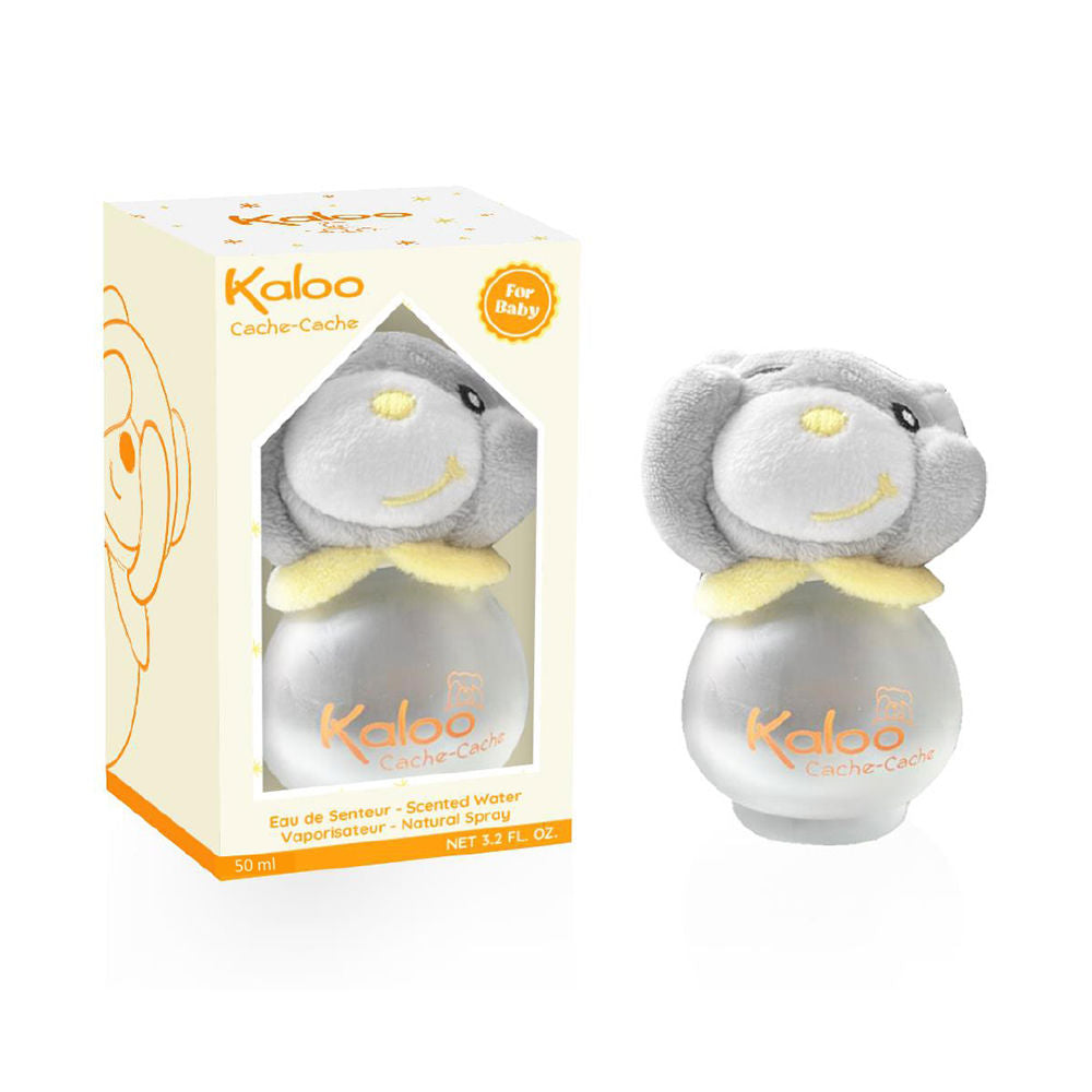 Small teddy-cap bottle of Kaloo Cache Cache alcohol-free baby cologne with floral scent