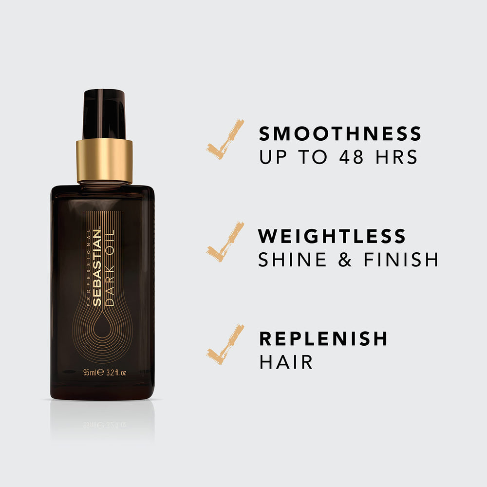 95 ml clear bottle of lightweight argan and sandalwood hair oil with pump dispenser