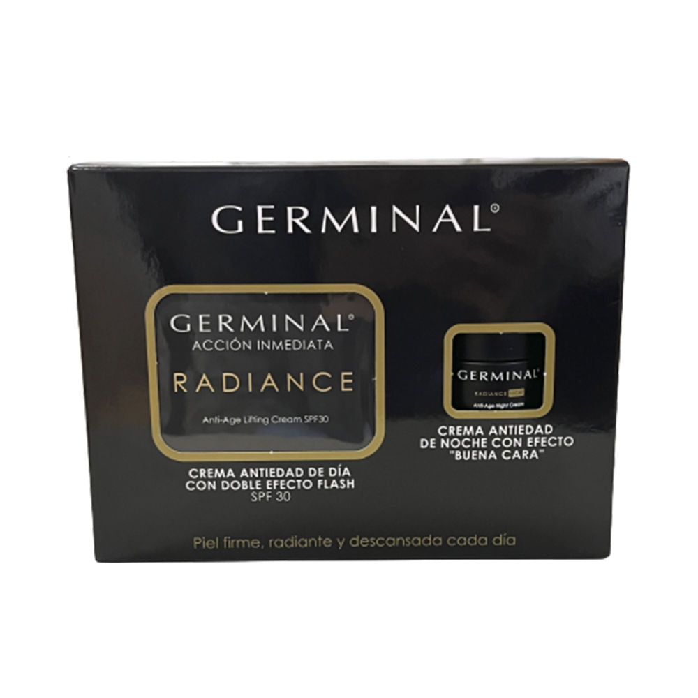 Black rectangular cardboard box with gold-bordered product images, glossy finish and bilingual white text, Germinal