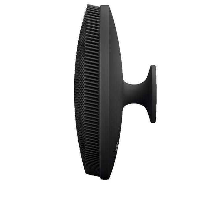 Black compact 4-in-1 silicone facial brush with app connectivity, travel-friendly
