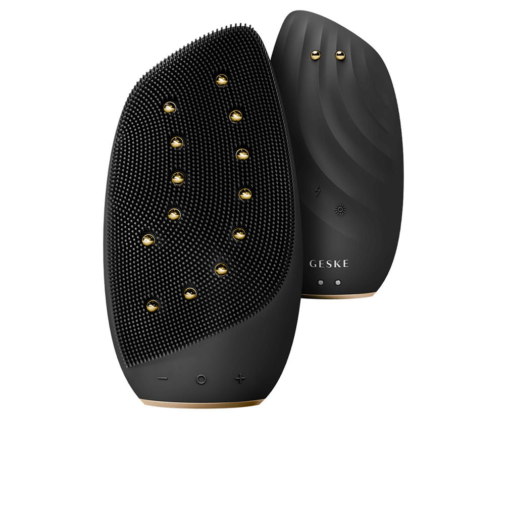 Black 8‑in‑1 sonic facial brush with warming pearls, ergonomic head, Unisex device