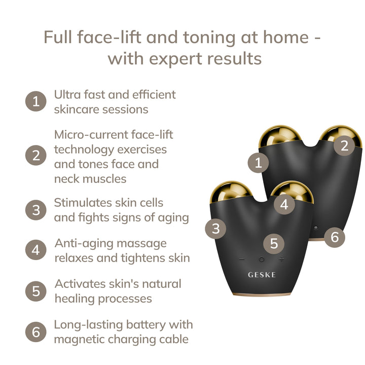 Black 6‑in‑1 microcurrent face‑lift pen with contour spheres and SmartApp guidance