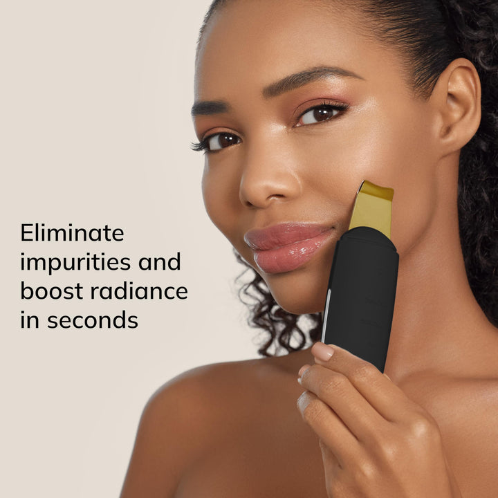 Matte black 9-in-1 microcurrent skin scrubber with app guidance, compact handheld device