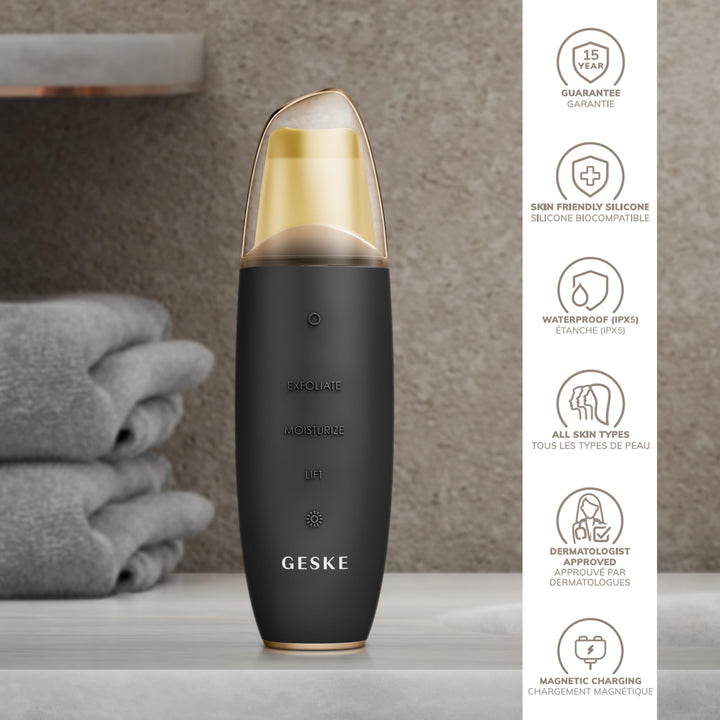 Matte black 9-in-1 microcurrent skin scrubber with app guidance, compact handheld device
