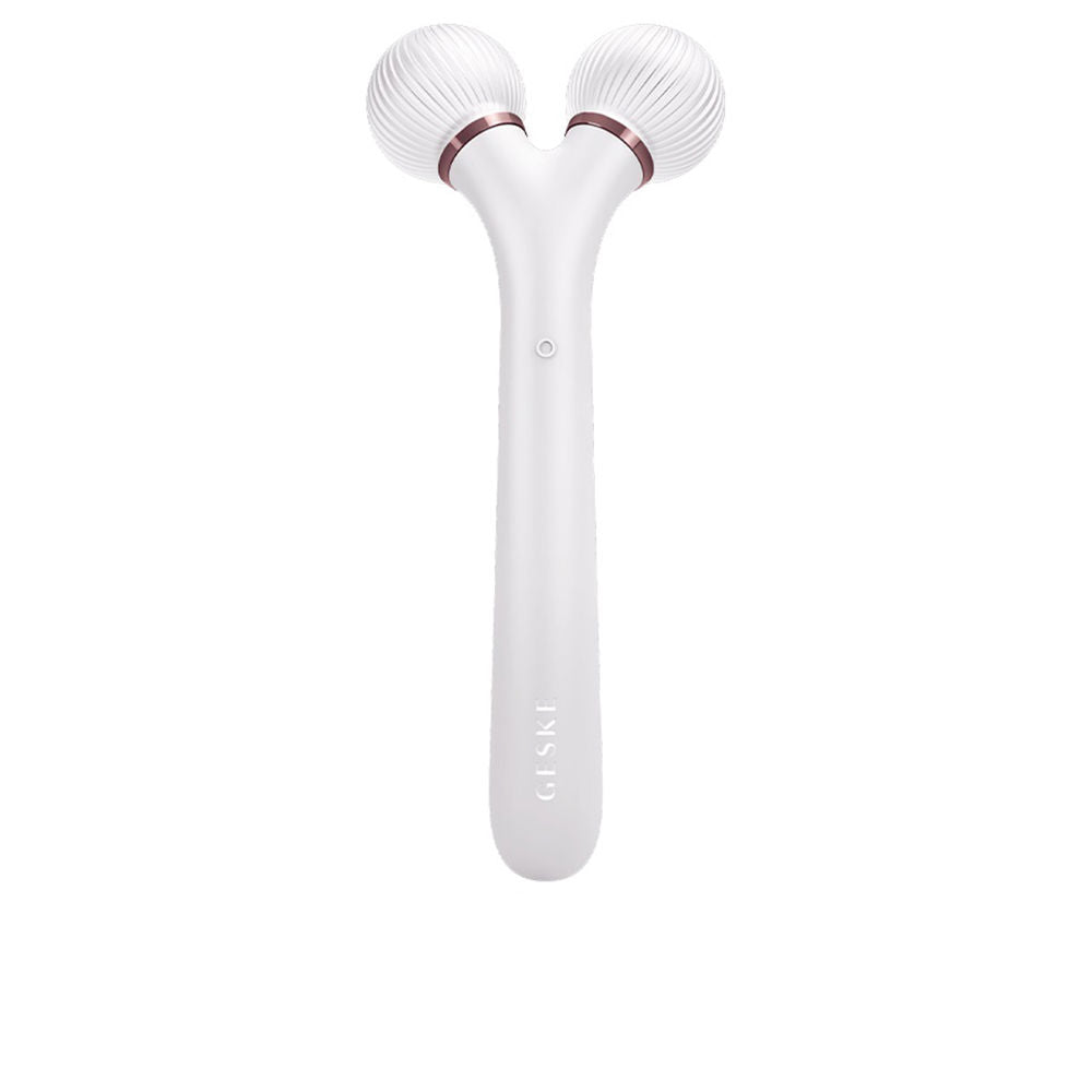 White sonic facial roller with four interchangeable heads, app‑guided unisex device
