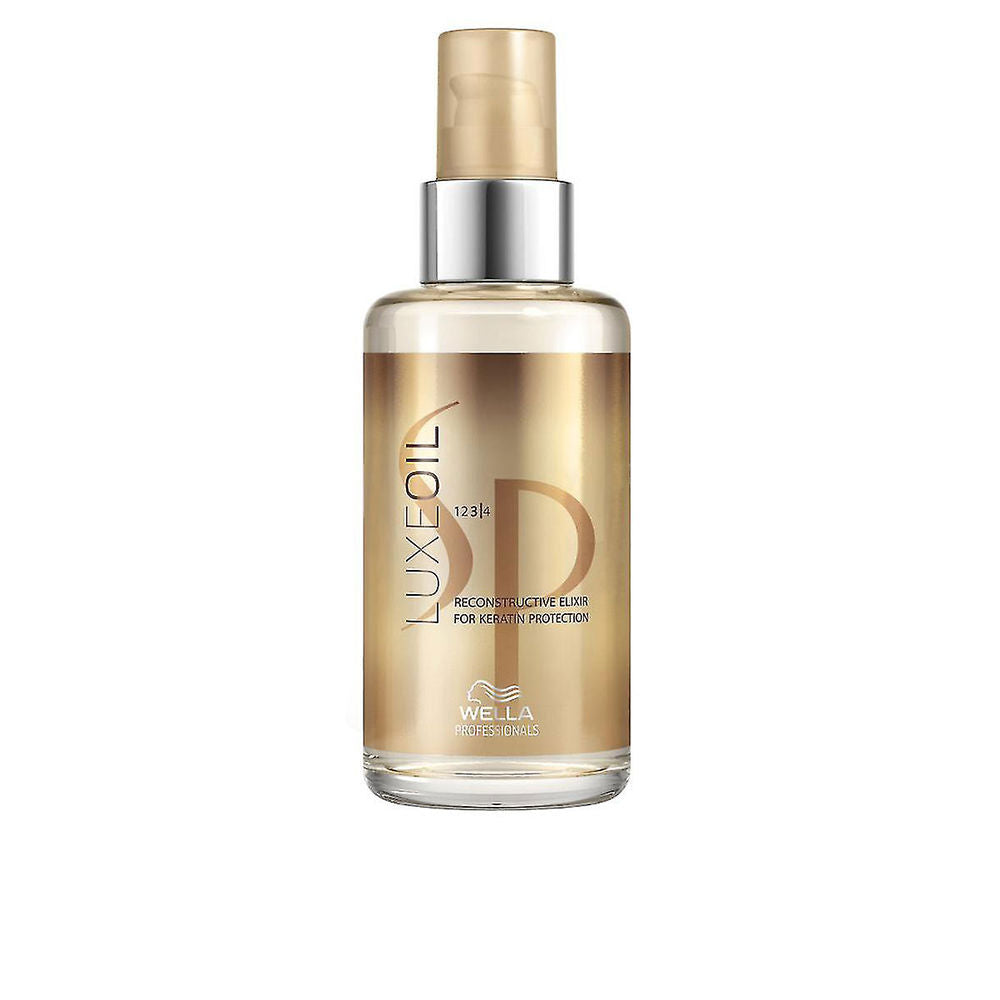 Clear 100 ml pump bottle of lightweight keratin hair oil with argan and jojoba