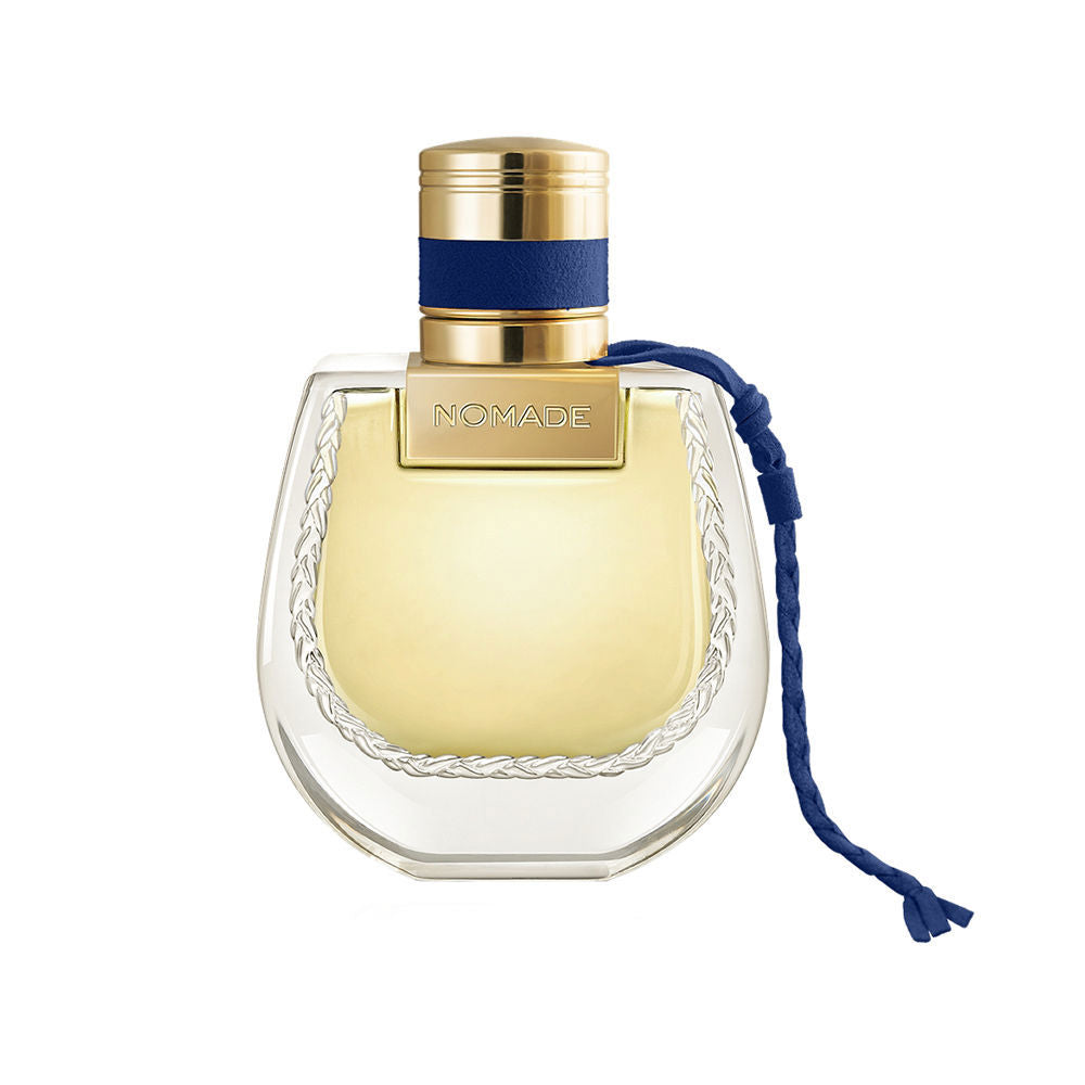 Deep blue 50 ml perfume bottle with braided collar, amber-floral fragrance