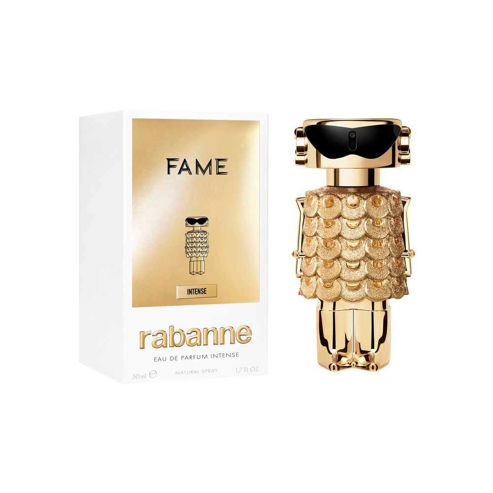 Gold-finish 50 ml Fame Intense EDP bottle, floral-woody fragrance for Women