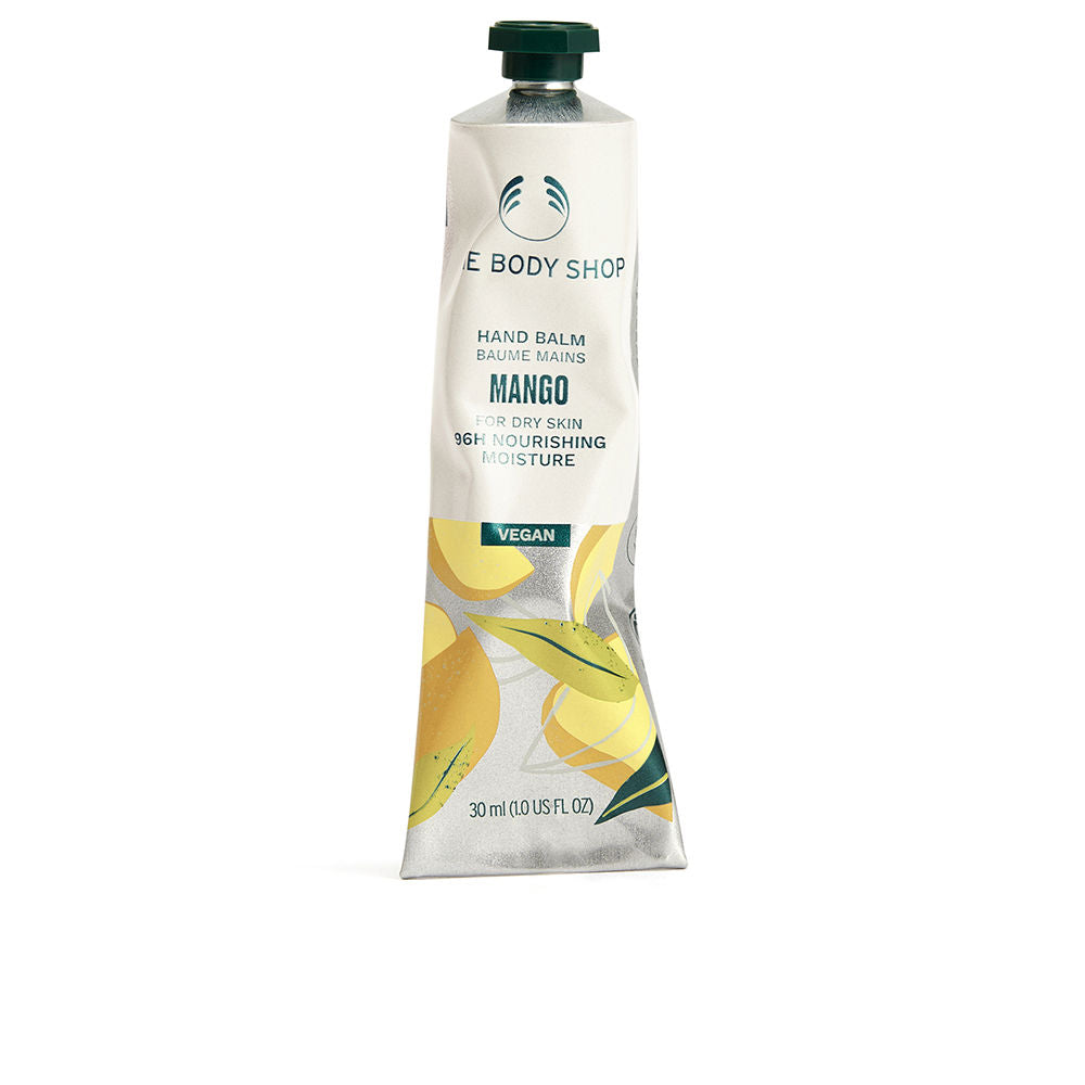 The Body Shop Metallic tube hand balm in white, yellow and green with twist cap and mango illustrations