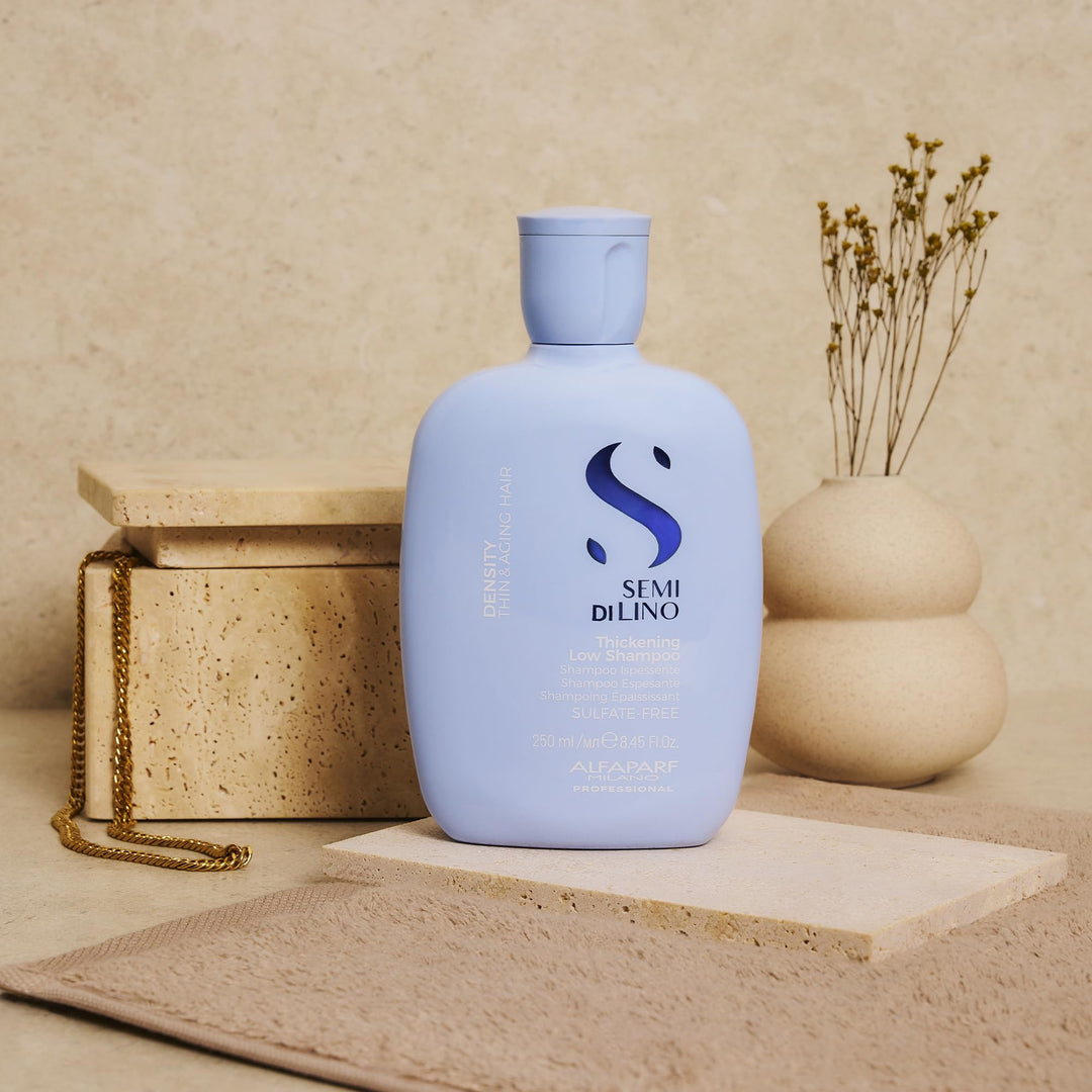 250 ml bottle of thickening shampoo for fine, mature hair, gentle foaming formula