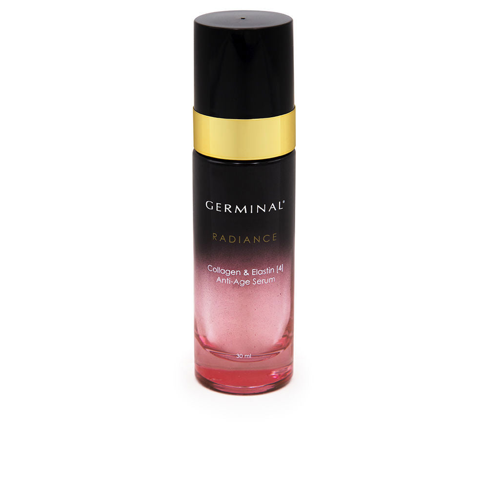 Glass cylindrical serum bottle with black-to-pink gradient, gold band and black cap, printed text visible, Germinal