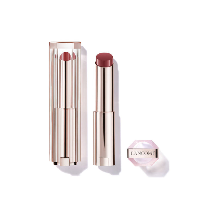 Small tinted balm tube with glossy, buttery finish, shade 50 brown.
