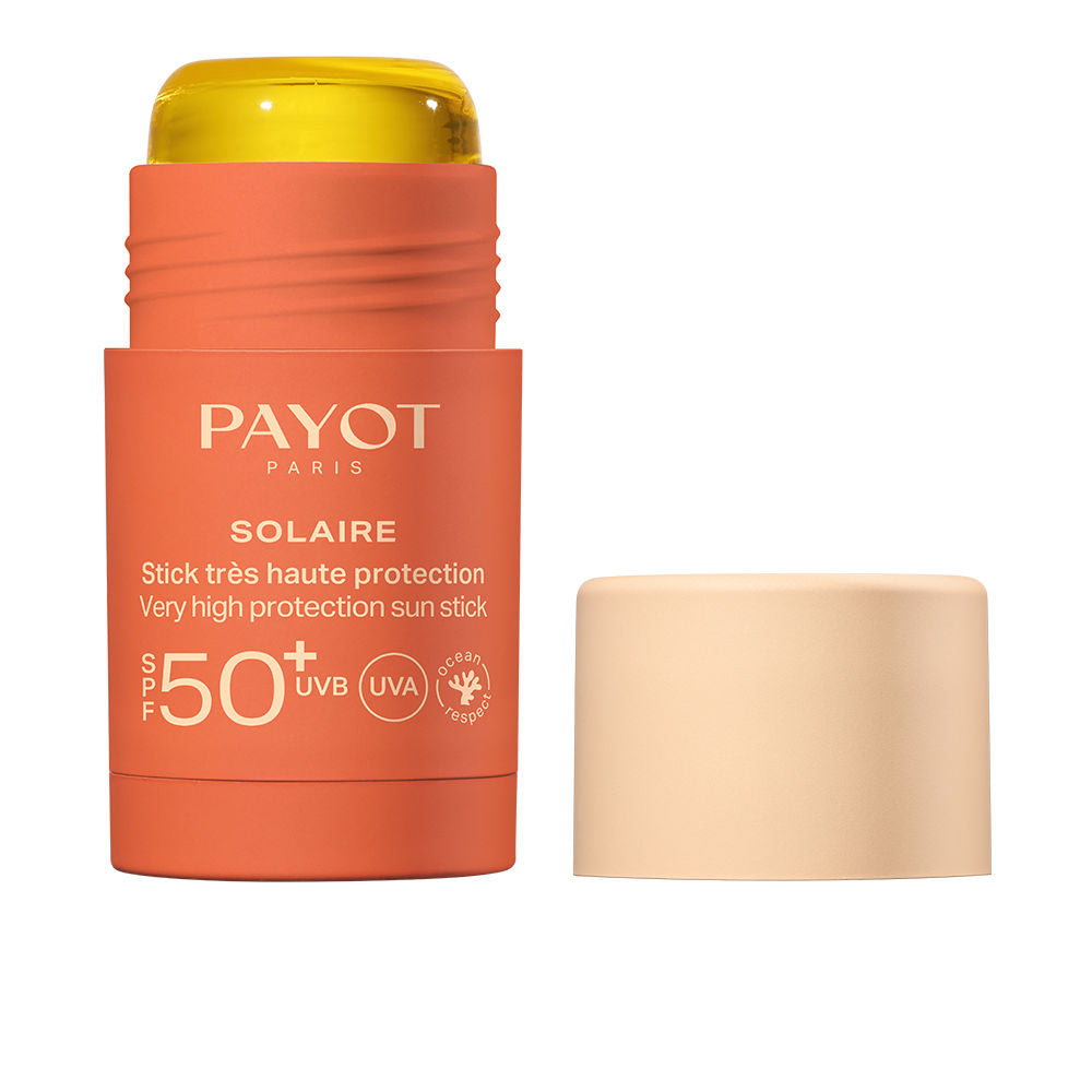 Payot Minimalist twist-up plastic sun protection stick in orange, yellow and beige with removable cap and printed text