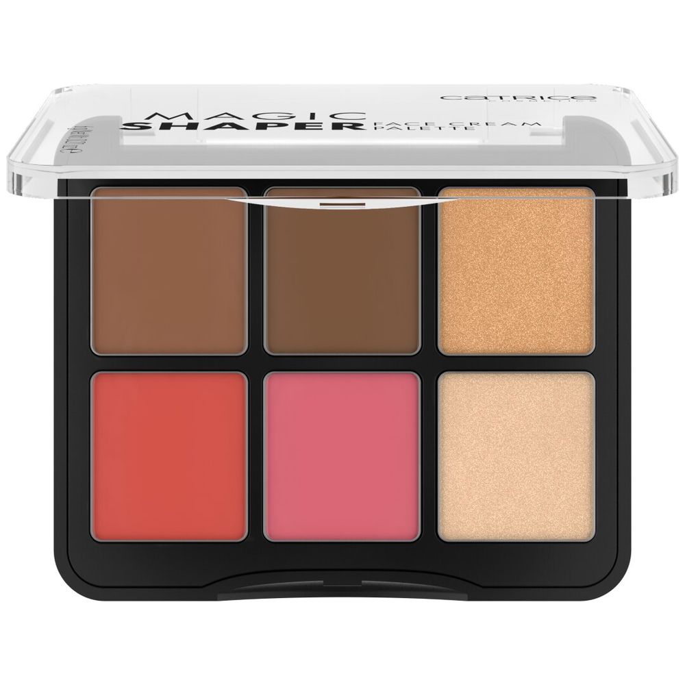 Catrice Cream face palette with six rectangular pans in brown, gold, red, pink, beige; black case with transparent lid, visible text