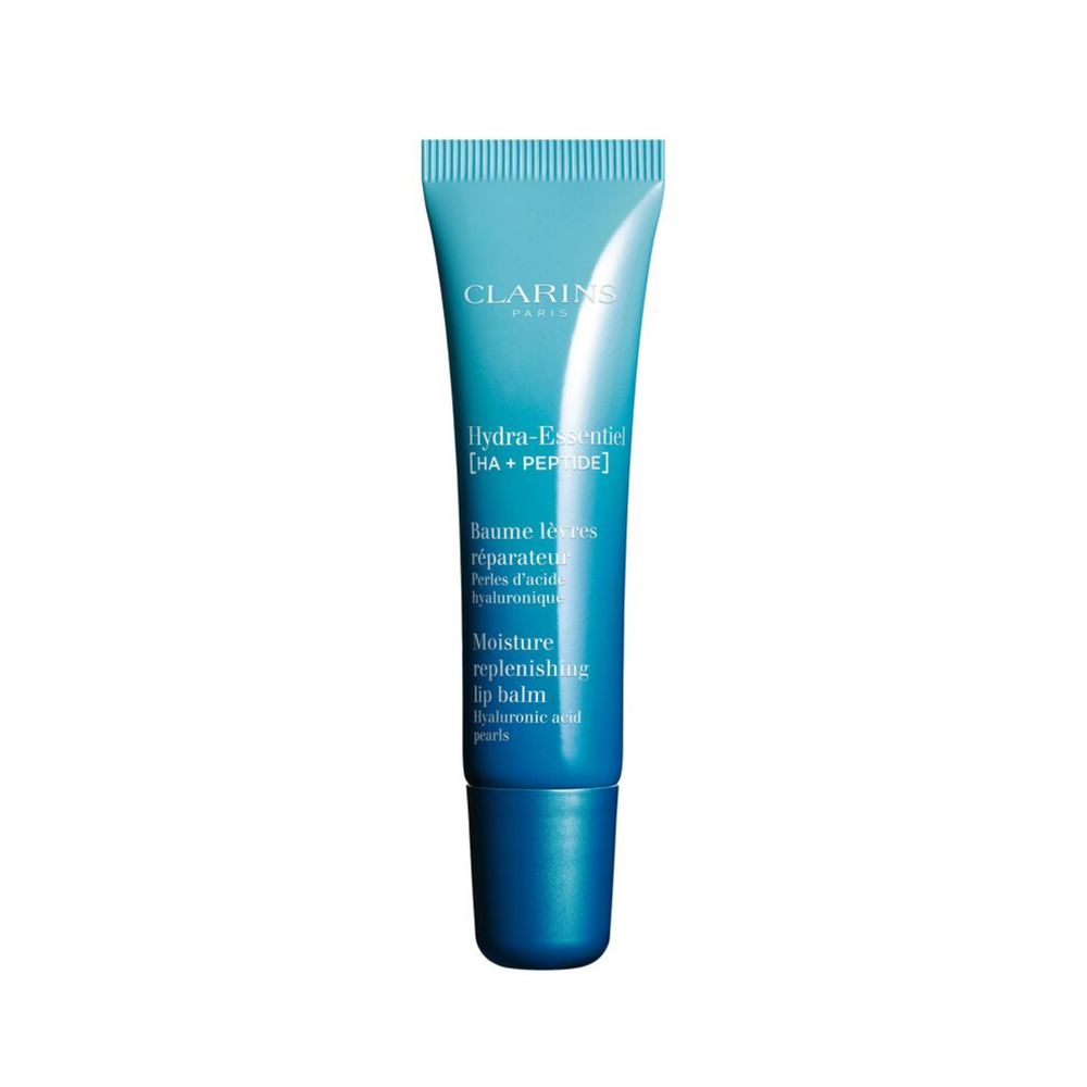 Blue plastic lip balm tube with gradient finish, white text print and screw cap, Clarins