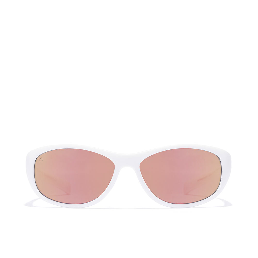 Hawkers White full-frame sunglasses with curved rectangular pink lenses, modern proportions and compact temples