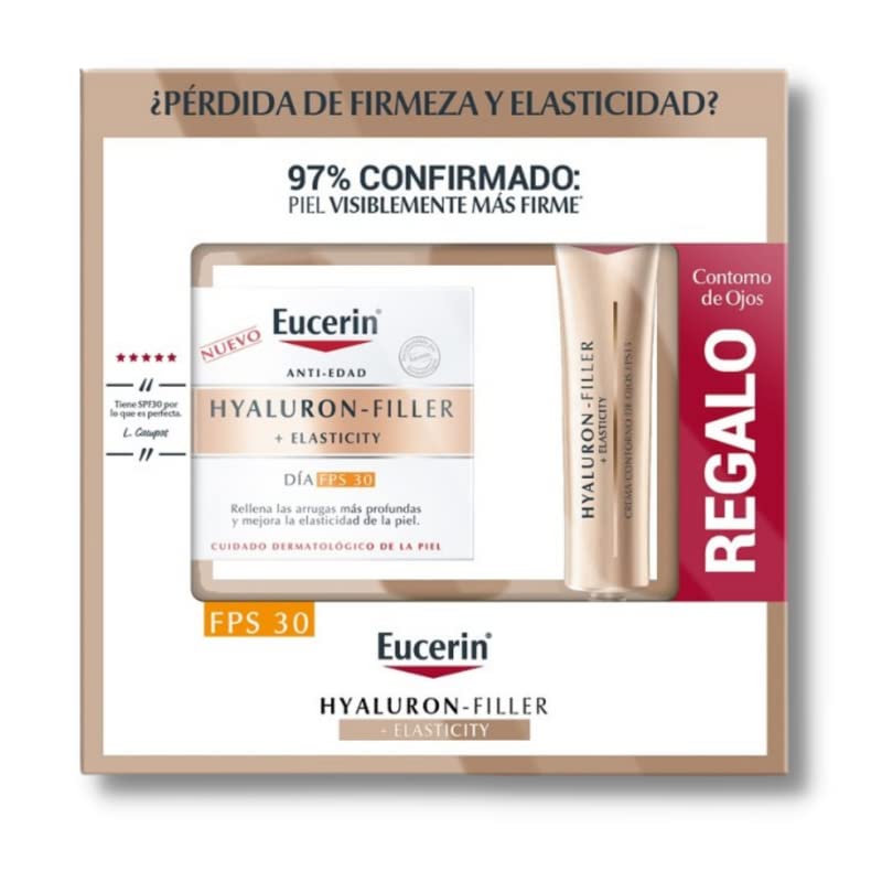 Jar of Hyaluron-Filler day cream with SPF 30, pale beige cream visible in open glass jar, Eucerin