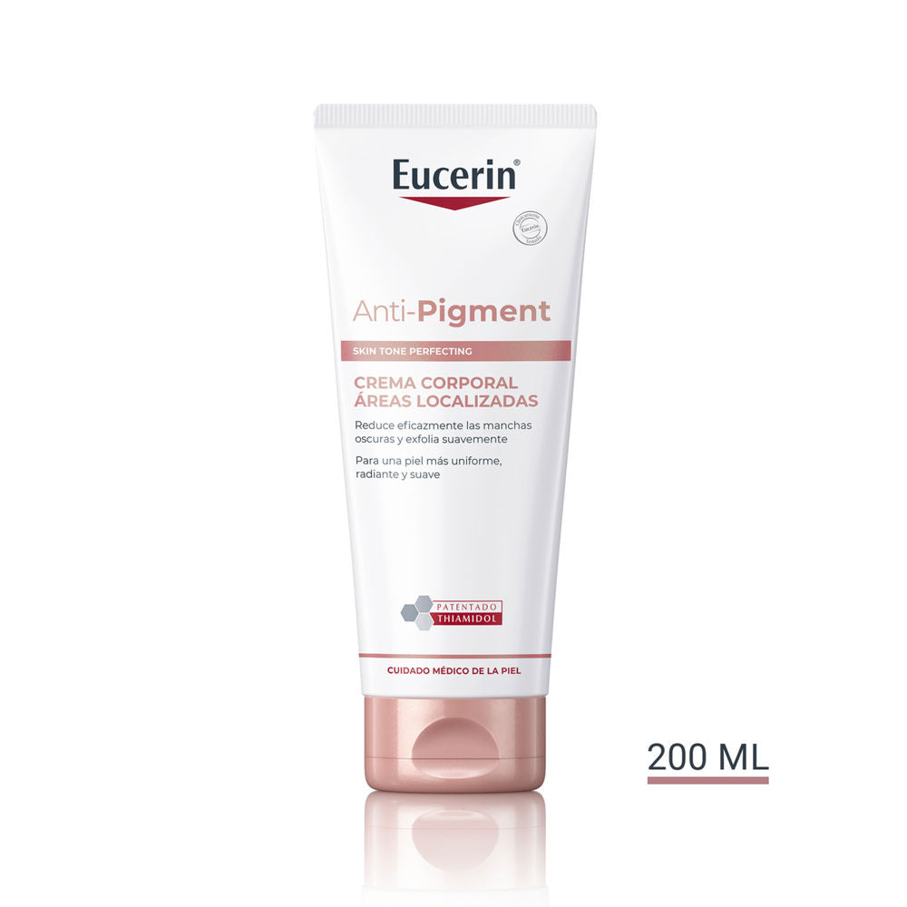 Eucerin White plastic tube with rose gold accents, flip-top cap, printed labels and 200 ML measurement