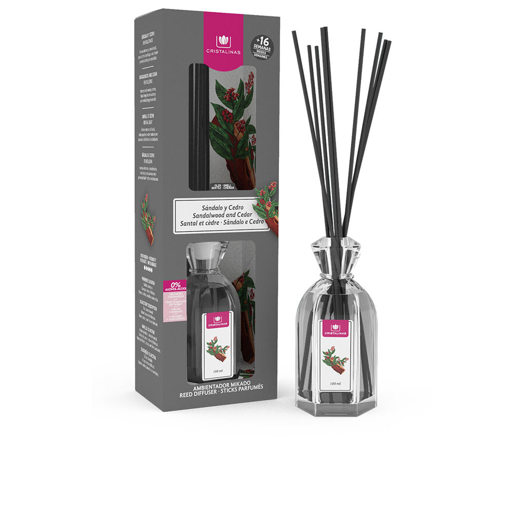 180 ml sandalo-cedro reed diffuser in clear bottle with natural reeds
