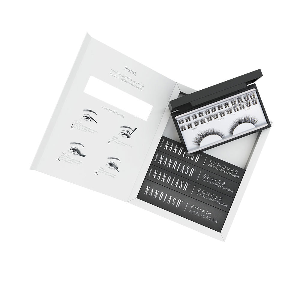 Compact Nanolash Fantasy Case with lash strips, applicator, fixative, sealant, and remover