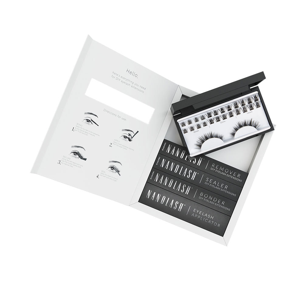 Stylish Nanolash eyelash extension kit with clusters, adhesive, applicator, and remover in a compact case