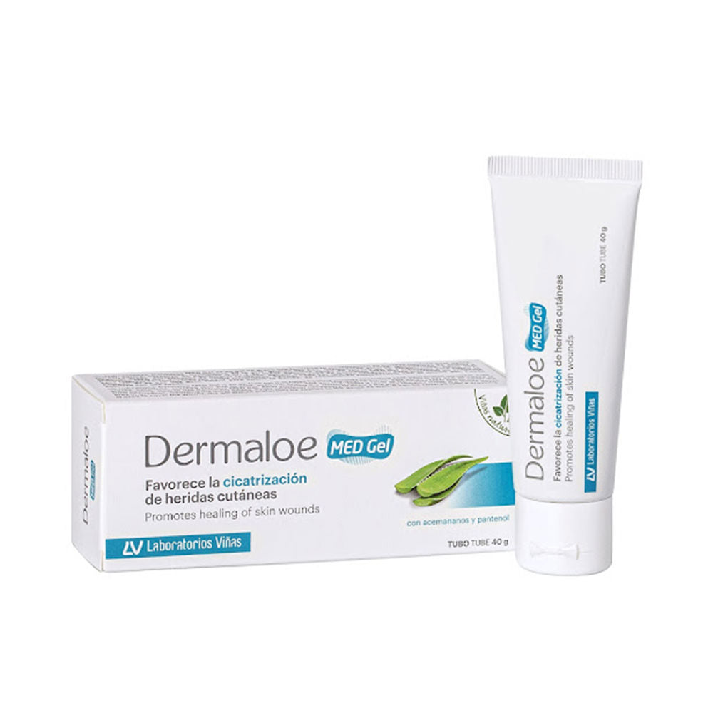 Dermaloe Minimalist white medicated gel tube and box with blue and black text, aloe leaf image, small size