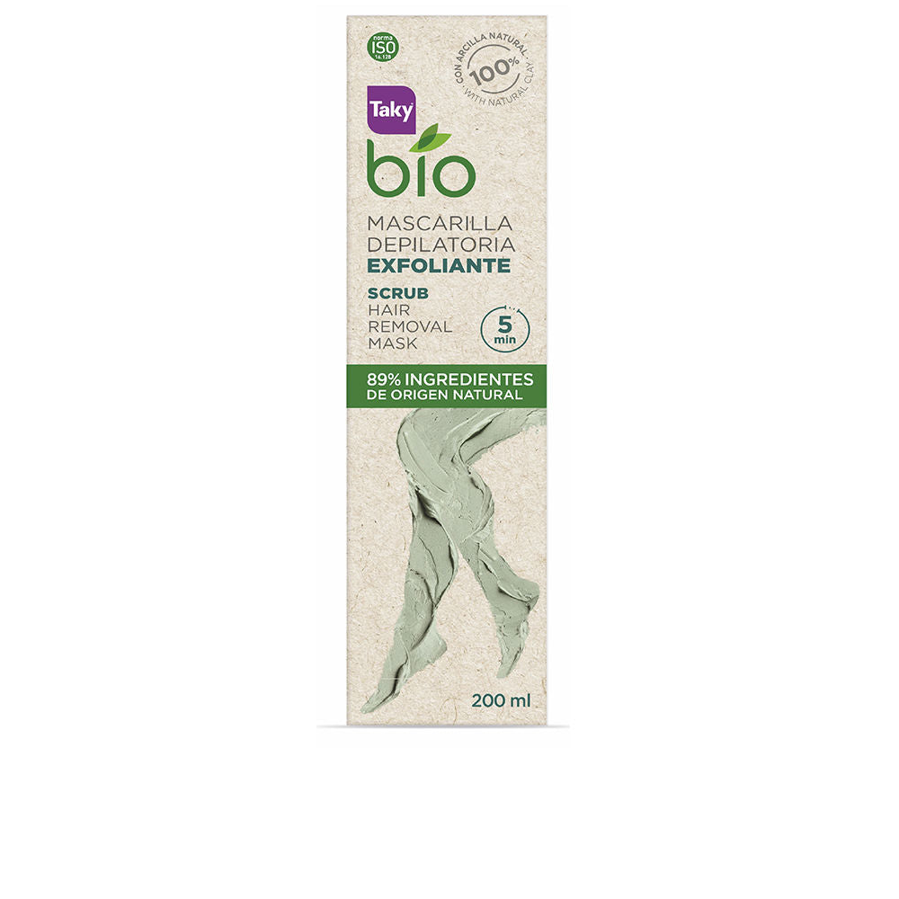 Taky Green clay hair removal mask in jar with textured cream background, leg-shaped smear, logo and certification