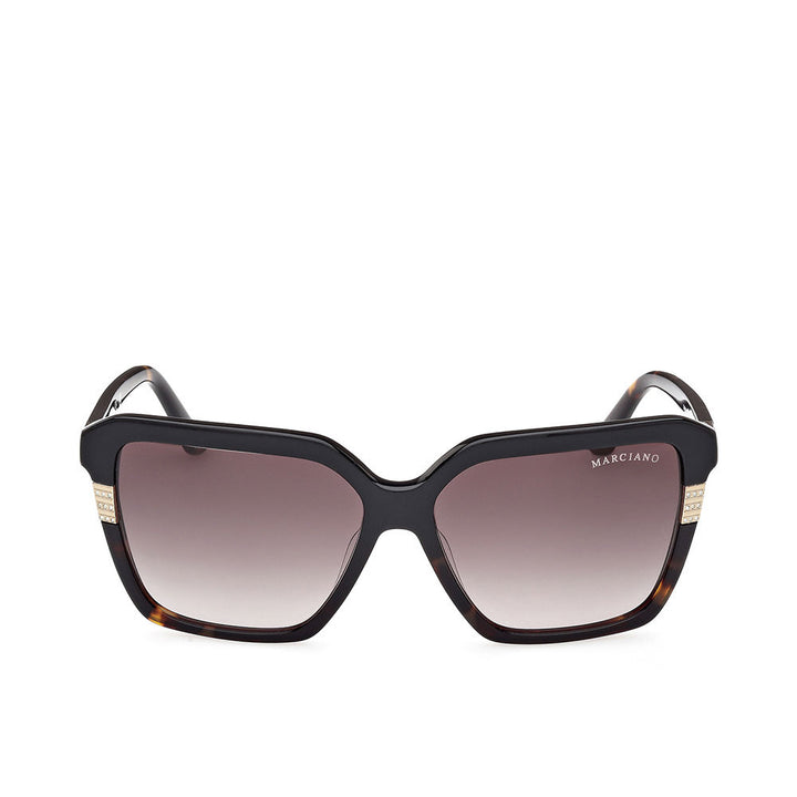 Guess By Marciano Black acetate oversized square sunglasses with tortoiseshell accents, gradient lenses, and gold temple detailing