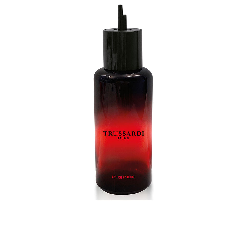 Trussardi Black-to-red gradient glass perfume bottle, cylindrical shape with black cap, spray nozzle, printed text.