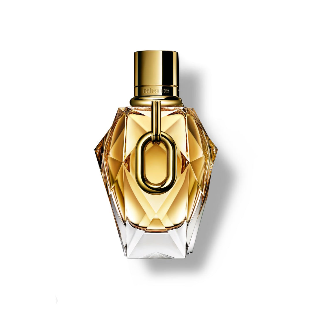 Faceted gold glass perfume bottle with XL link, 90 ml, floral-chypre