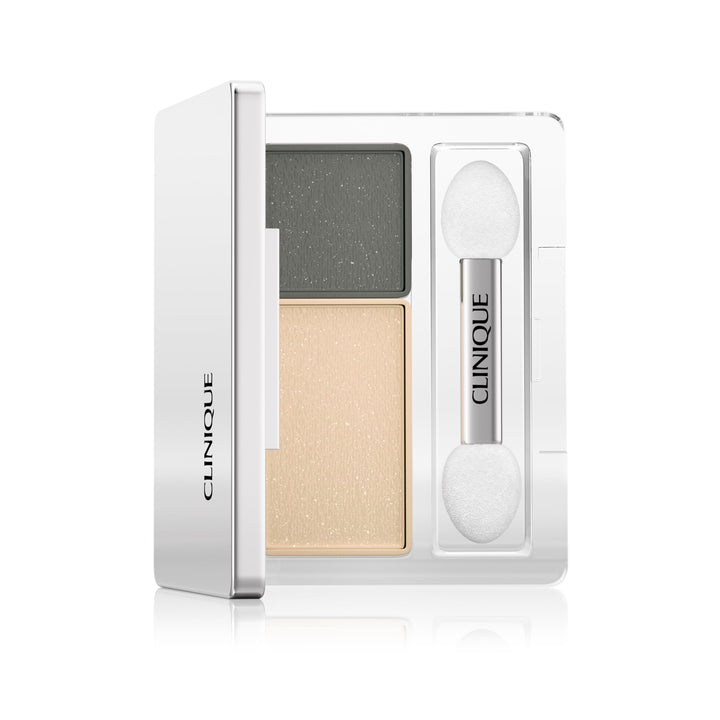 Compact neutral eye palette with four grey and beige shades, brush and sponge