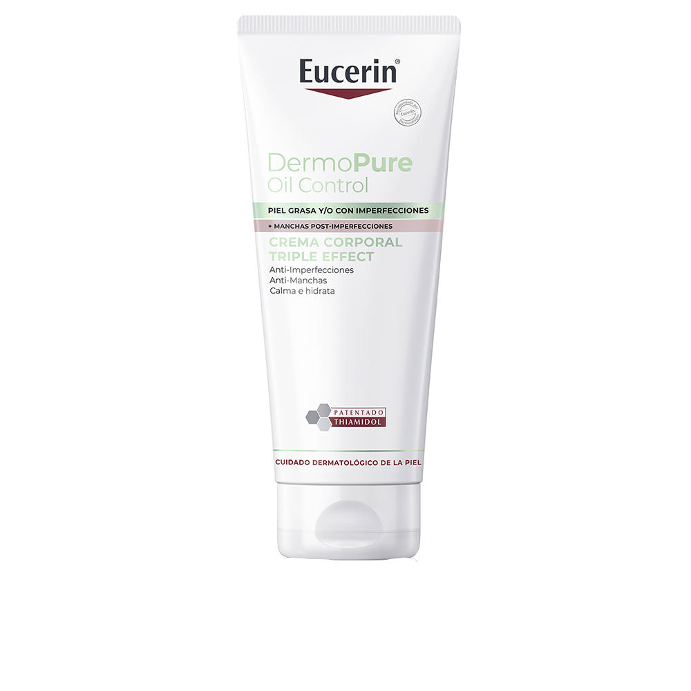 Eucerin White plastic tube body cream with flip-top cap, printed text, green and brown accent lines