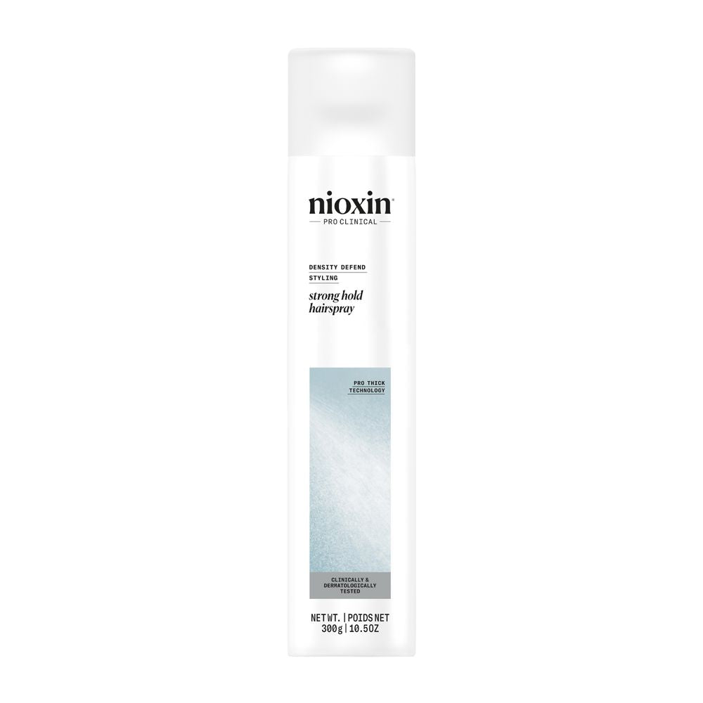 Matte white 300 ml hairspray can with slim profile, strong-hold styling spray