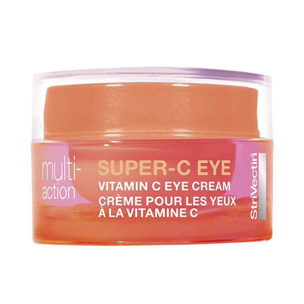 Strivectin Small modern orange plastic eye cream jar with clear lid, compact design, described