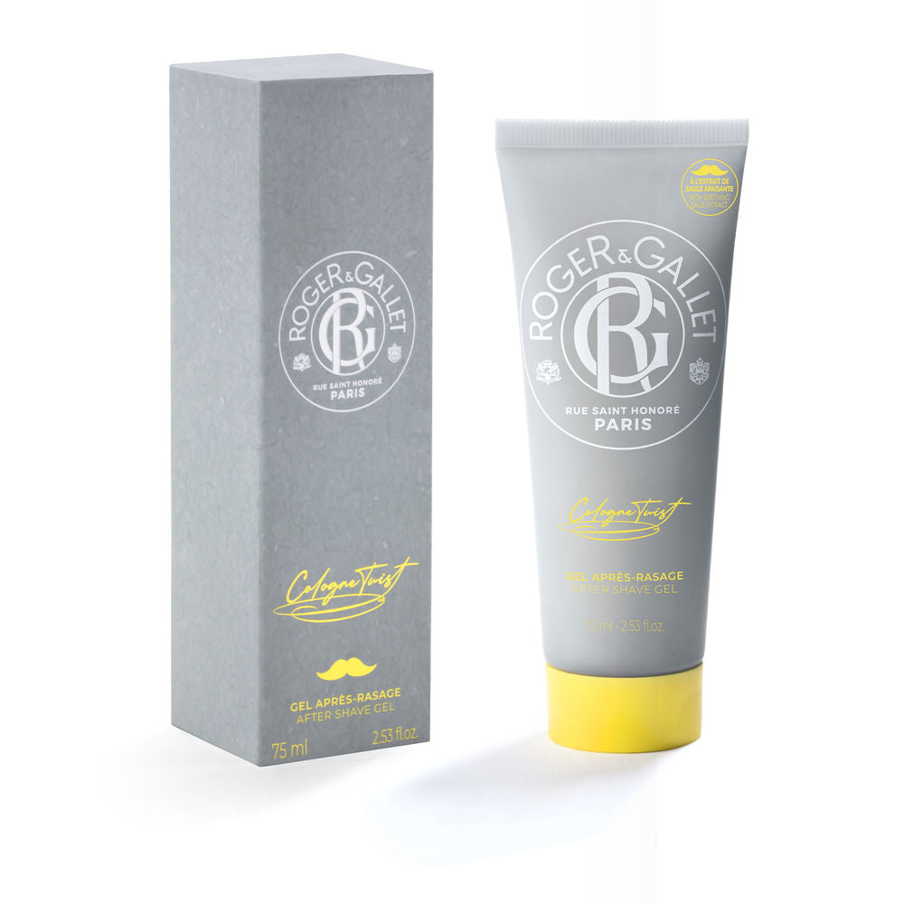 Gray and yellow aftershave gel tube and box in minimalist packaging, plastic tube, cardboard box, mustache icon, Roger &amp; Gallet
