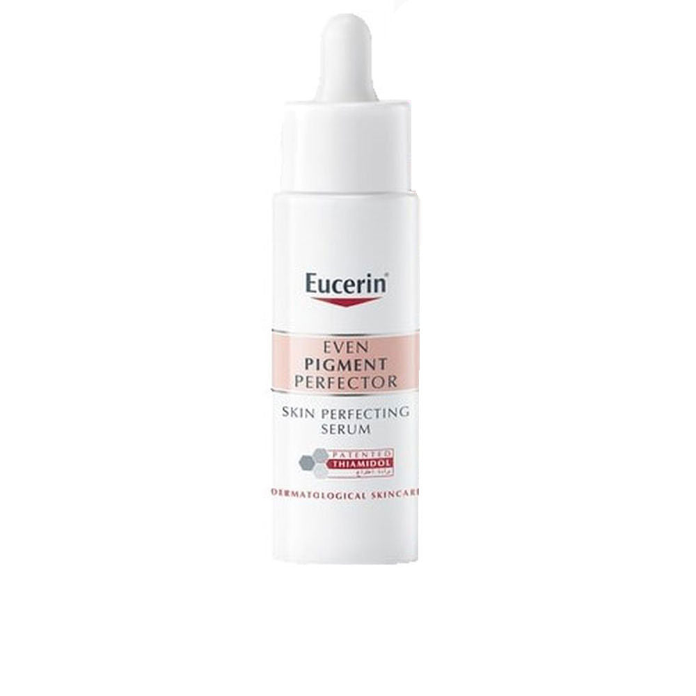 Eucerin Minimalist plastic cylindrical skin serum bottle with dropper cap, white with pink and red accents, printed text and small hexagon graphic, presented against a clean background.