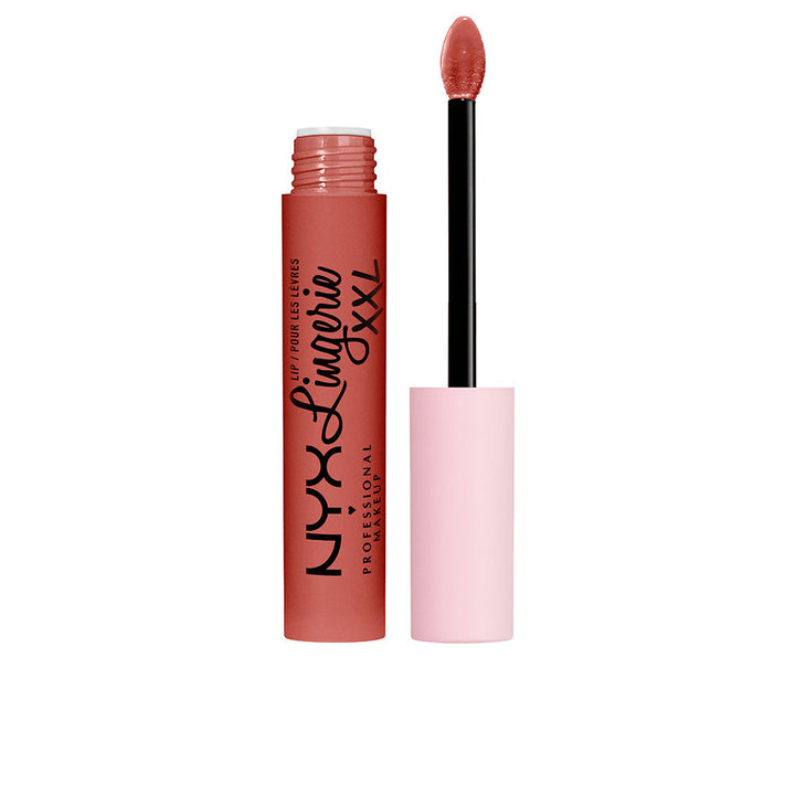 Peach‑brown liquid lipstick in slim tube with doe‑foot applicator, matte finish