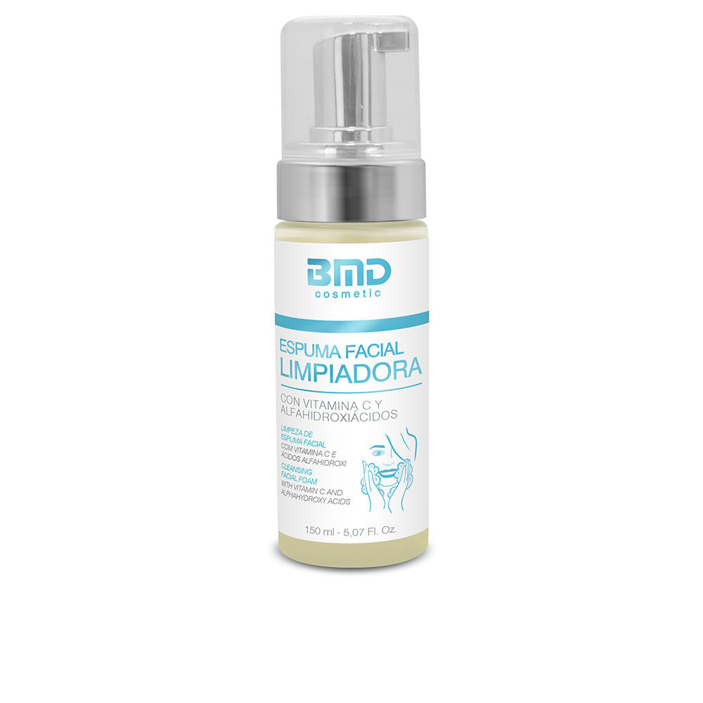 Bmd White, blue, and silver plastic facial foam cleanser with pump dispenser and clear plastic cap